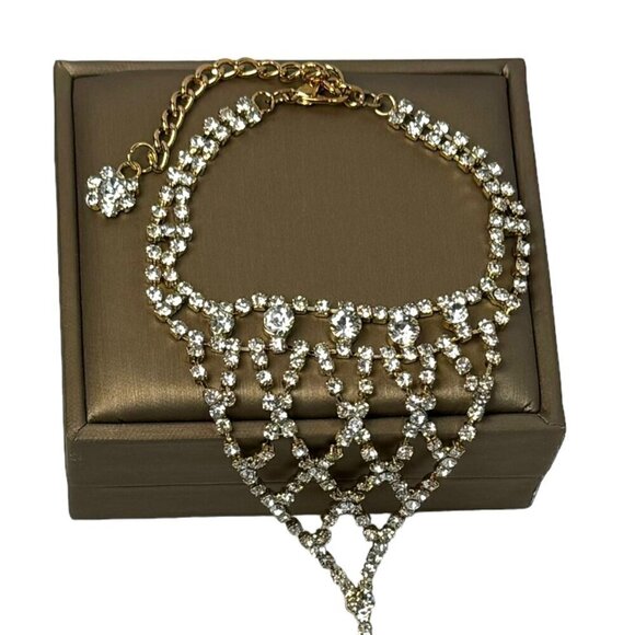 New Gold Chain Mesh Bracelet With Connecting Ring With Rhinestones For Women - Picture 3 of 10